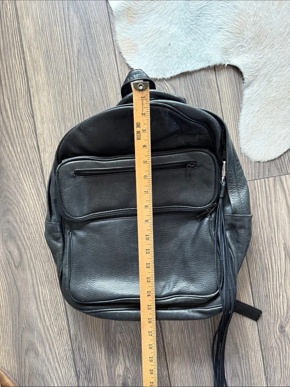 Vintage black genuine leather Backpack with removable Fringe full size